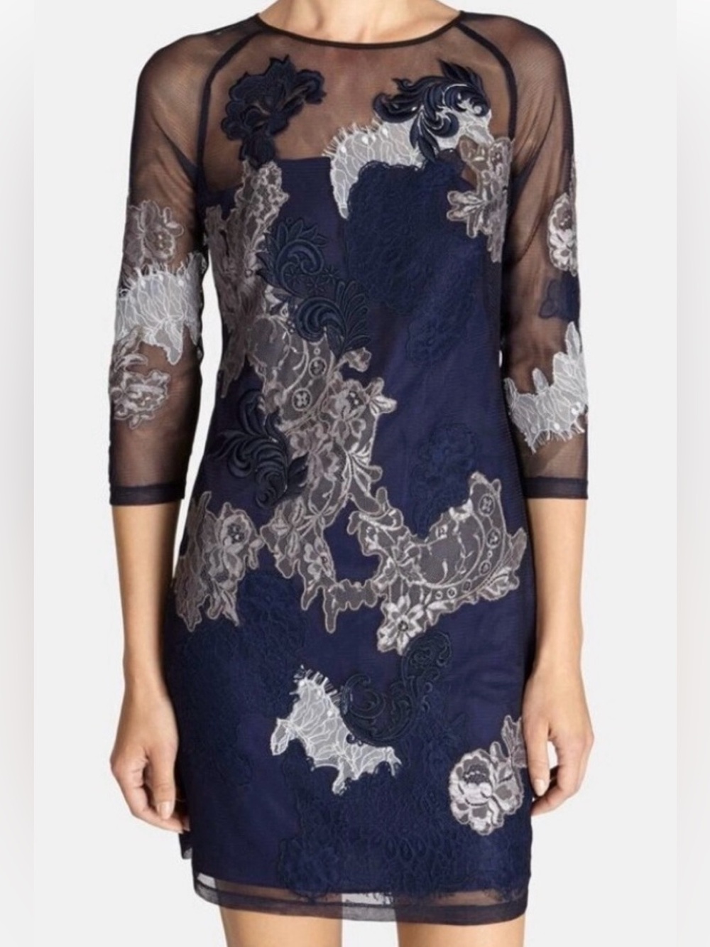 Karen Mullen— Blue Silver Lace Embroidered Illusion Mesh Dress. US 4. Orig $475